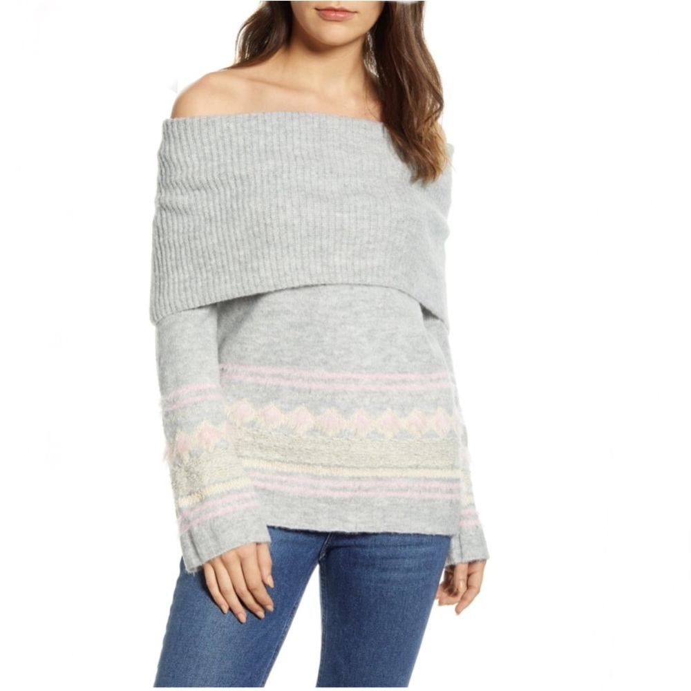 Caslon Fair Isle Grey Convertible Neck Sweater Sz S